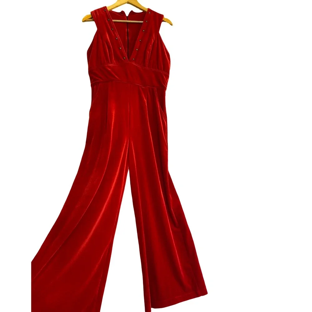 VTG Silverado Womens Red Velvet Studded V-Neck Wide Leg Jumpsuit S Western Glam